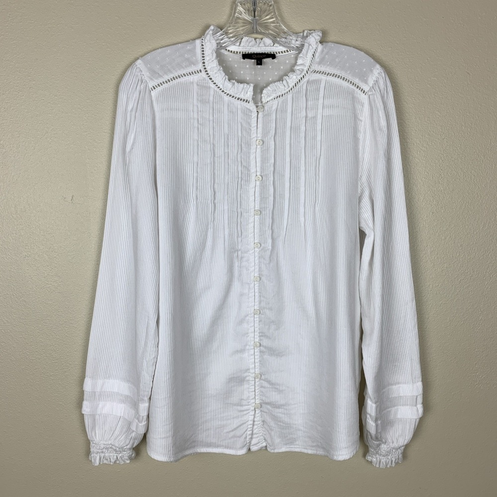 Quince Organic Cotton Peasant Blouse White L Boho Pintuck Cottagecore Office